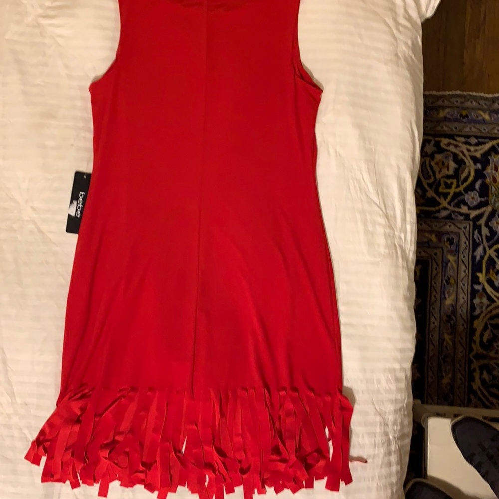 Red polyester/spandex dress with bottom fringe